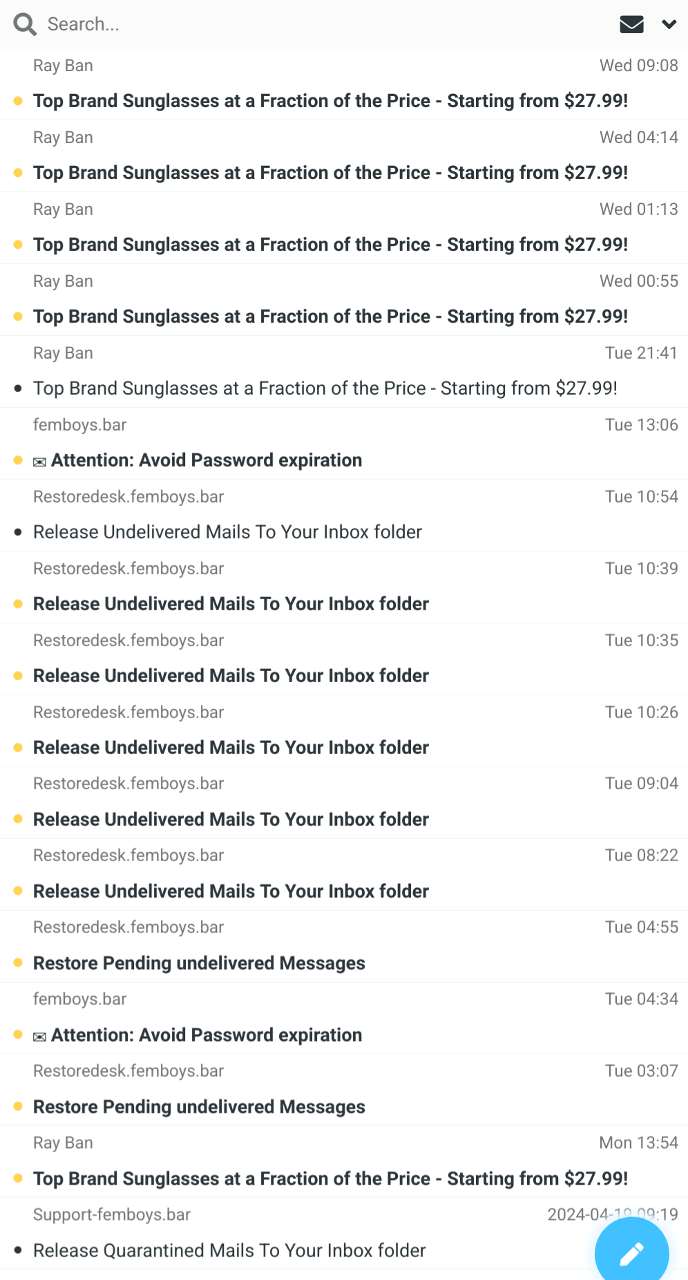 screenshot showing email mailbox, about 15 phishing emails